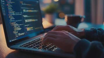 Programming at Night - Close-up of Hands Typing Code on Laptop Keyboard in Dimly Lit Workspace, Software Development, Technology photo