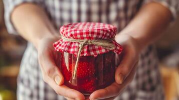 Homemade Strawberry Jam in a Rustic Jar Held by a Person in Gingham Shirt, Perfect for Food Blogs, Recipe Websites, and DIY Labels photo