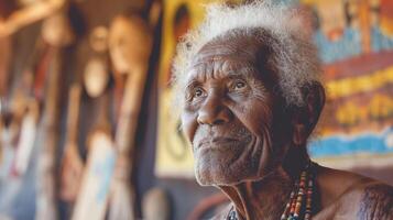 Portrait of an Indigenous Elder with Traditional Bead Necklace in Cultural Setting photo