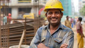 Middle Aged Bangladeshi Construction Worker Smiling During Work on Busy Site photo