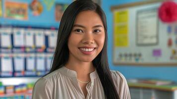 Bright Classroom Setting Featuring a Smiling Filipino Teacher for Educational and Multicultural Themes photo