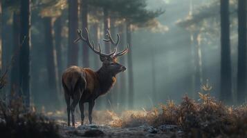 The deer stands in a beautiful forest surrounded by natural elements photo
