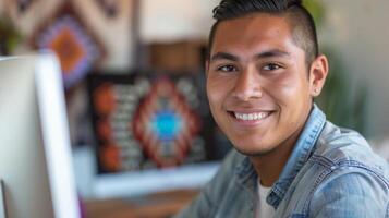 Native American Man Smiling in Office, Computer Desk Background, Ethnic Design, Diversity Concept, Professional Environment photo