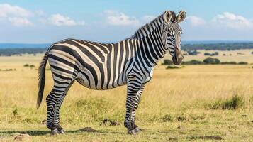 A zebra is standing in the middle of a grassy field under the sky with clouds photo