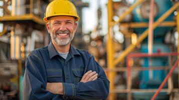 Confident Middle-Aged Industrial Worker Smiling in Robust Work Environment, Engineering and Safety, Industrial Background photo