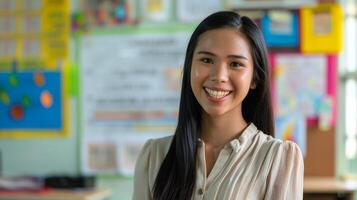 Empowering Filipino Teacher Smiling in a Colorful Classroom Setting, Ideal for Educational and Inspirational Designs photo