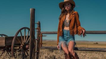 Fashion Photo Shoot in Western Theme Setting with Model in Fringe Jacket and Denim Shorts, Featuring Rustic Wagon and Fence