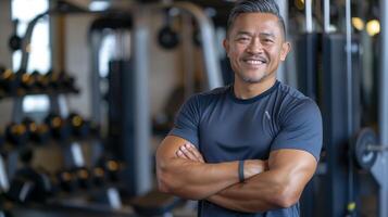 Middle-Aged Filipino Male Fitness Trainer Smiling, Arms Crossed in Gym Setting, Perfect for Health and Wellness Promotions photo