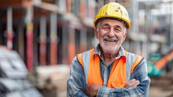 Senior Turkish Construction Worker Smiling at Job Site, Highlighting Diversity and Confidence in Urban Development photo