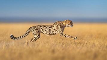 A cheetah swiftly moves across the tall grass in the field photo