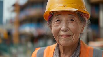 Elderly Asian Woman Construction Worker Smiling on Job Site, Emphasizing Aging Workforce, Diversity, and Inclusion photo