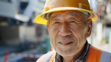 Senior Japanese Construction Worker Portrait, Diverse Workforce Representation, Industrial Safety Concept for Business and Editorial Use photo