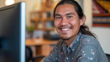 Professional Indigenous Man Working in Modern Office Setting, Smiling, and Confident photo