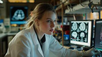 Professional European Female Scientist Focused in Research Laboratory Analyzing Brain Scans on Computer Screens, Concept of Diversity in Scientific Research photo