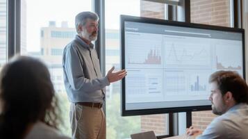 Business Presentation by Mature Professional with Data Analytics on Digital Screen in Modern Office Setting photo