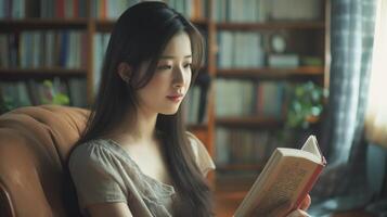 A woman is sitting comfortably on a couch, engrossed in reading a book photo