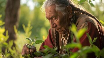 Elderly Native American Man Engaged in Nature and Eco-Friendly Practices in a Lush Forest Setting photo