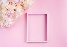 Flat lay with beautiful bouquet of cream peonys and white vertical frame on pink background. Close up. Top view. Copy space. photo