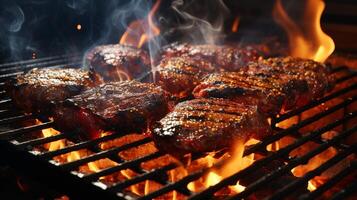 Flame grilled meat cooking on flames photo