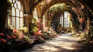Footpath under a beautiful arch of flowers and plants photo