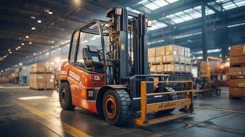 Forklift transporting cargo container in distribution warehouse photo
