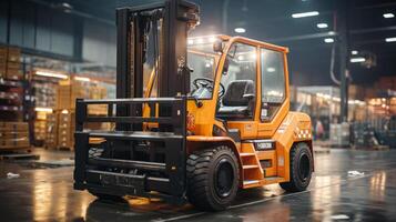 Forklift transporting cargo container in distribution warehouse photo