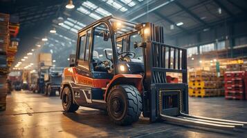 Forklift transporting cargo container in distribution warehouse photo