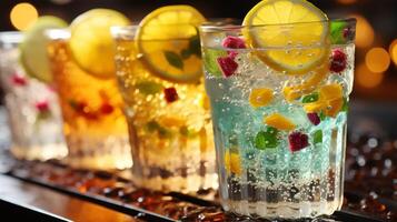 Fresh cocktails with ice lemon lime and fruits colorful background photo