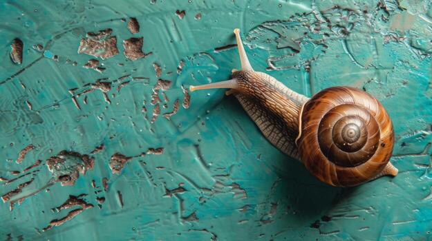 Snail Crawling on Green Surface. AI-generated photo