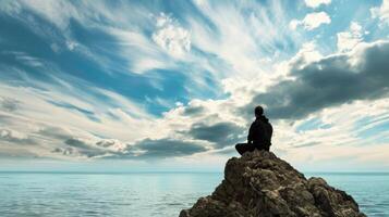 Man Sitting on Top of Rock in Middle of Ocean. AI-generated photo