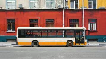 Yellow and White Bus Parked in Front of Building. AI-generated photo