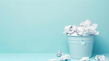 Bucket Filled With Crumpled Paper on Blue Background. AI-generated photo