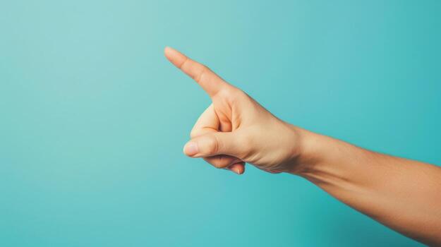 Hand Pointing at Object on Blue Background. AI-generated photo