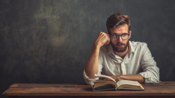Man Reading Open Book at Table. AI-generated photo