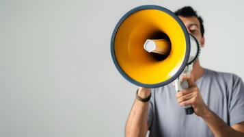 Man Holding Yellow and Black Megaphone. AI-generatd photo
