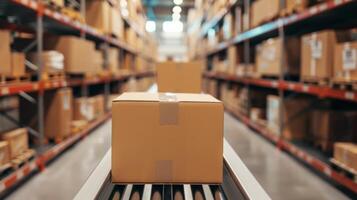 Cardboard Box Moving on Conveyor Belt in Warehouse. AI-generatd photo