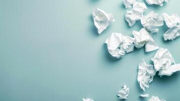 Group of White Papers on Blue Surface. AI-generated photo