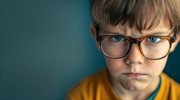 Young Boy Wearing Glasses With Serious Expression. AI-generated photo