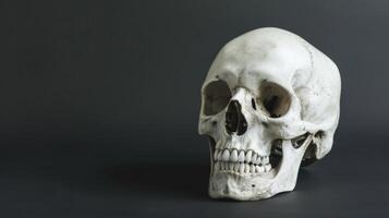 White Human Skull on Black Background. AI-generated photo