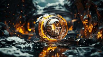 Futuristic photographer illuminates yellow abstract space scene photo