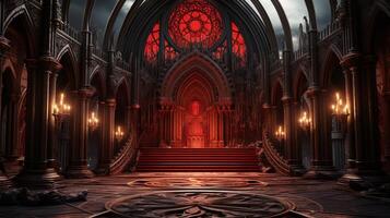 Gothic chapel with illuminated altar and pew photo