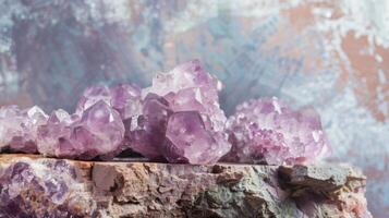 Purple Crystals Atop Rock. AI-generated photo