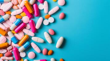 Colorful Pills Pile on Blue Background. AI-generated photo