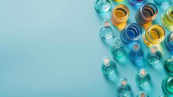Colorful Bottles of Liquid on Blue Background. AI-generated photo