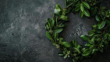 Wreath of Green Leaves on Dark Background. AI-generated photo