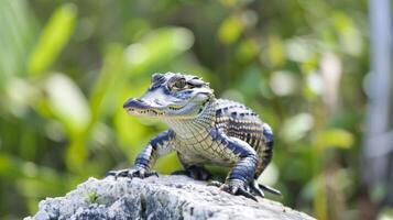 Small Alligator Sitting on Top of a Rock. AI-generated photo