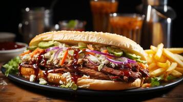Grilled pulled pork sandwich on a bun with coleslaw photo