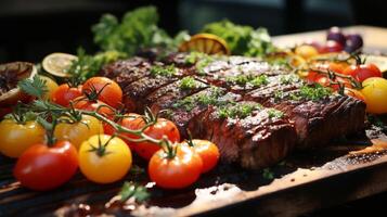 Grilled meat and vegetables make gourmet lunch background photo