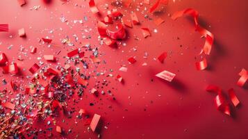Red Background With Confetti and Streamers. AI-generated photo