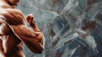 Man Flexing Muscles in Front of Painting. AI-generated photo